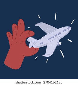 Cartoon vector illustration of hand holding airplane