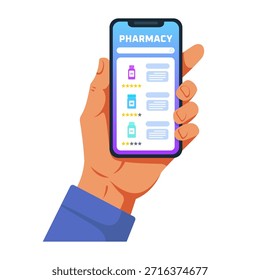 Ilustração de vetor de desenhos animados de uma mão segurando smartphone com interface de aplicativo de farmácia on-line, mostrando frascos de medicamentos, classificações e barra de pesquisa, conceito de saúde digital, farmácia móvel e entrega de medicamentos