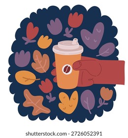 Ilustración vectorial de la historieta de la mano que sostiene una taza de papel de café sobre fondo oscuro