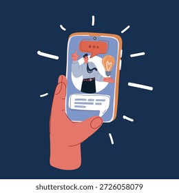 Ilustración vectorial de la historieta de la mano que sostiene el teléfono móvil con la ayuda en la pantalla sobre fondo oscuro