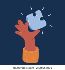 Cartoon vector illustration of hand holding a puzzle piece over dark background.