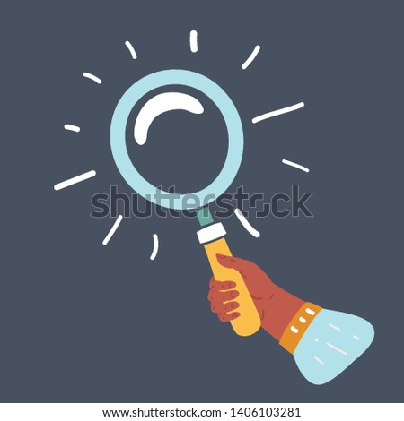 Cartoon vector illustration of hand holding magnifier on dark background. Research concept on dark background.