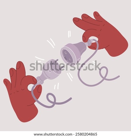 Cartoon vector illustration of Hand holding Electric plugs. Electrical equipment, electrical wires and power strips in the house. Earth Hour saving electrical energy. Connection concept. On, Of, broke