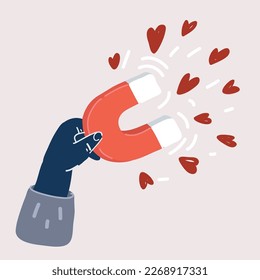 Cartoon vector illustration of hand holds a large magnet to attrackt heart symbol