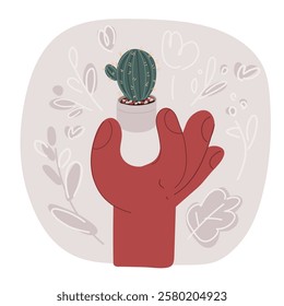 Cartoon vector illustration of Hand holds cactus in pot
