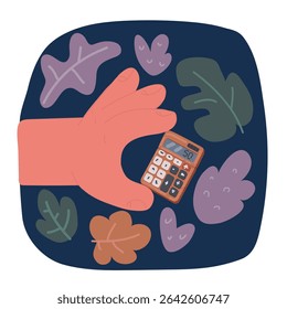 Cartoon vector illustration of Hand holds calculator over dark backround