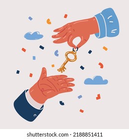 Cartoon vector illustration of Hand with key. Holding, rental, buying. Access concept topics like mortgage, deal, property
