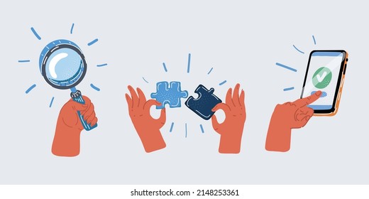 Cartoon vector illustration of Hand with magnifier, hands with two part of puzzle, hand push done button