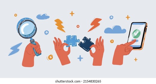 Cartoon vector illustration of hand with Magnifier, puzzle and phone screen objects