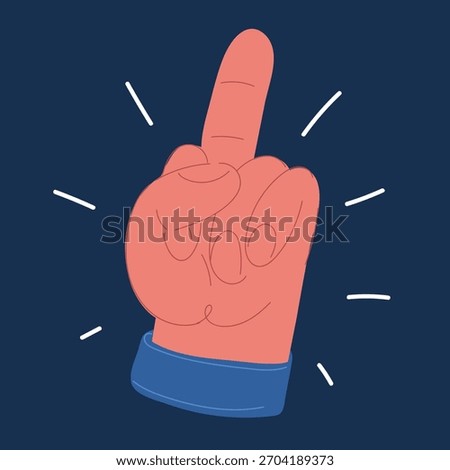 Cartoon vector illustration of Hand, middle finger. Fuck you, symbol over dark background