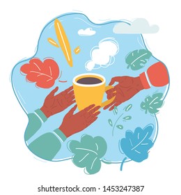 Cartoon vector illustration of Hand with mug of coffee. Charity and care concept on white isolated background.