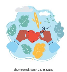 Cartoon vector illustration of Hand with needle sewing Heart symbol.