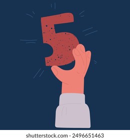 Cartoon vector illustration of Hand numbers. Cartoon hand hold five number over dark background