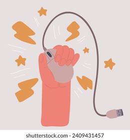 Cartoon vector illustration of Hand on computer mouse, icon. Clicking with mouse concept. Tools programmer, systems engineer, web designers, freelancers