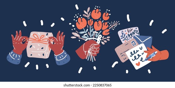 Cartoon vector illustration of Hand opening gift box with ribbon and flowers. Happy mothers day and valentine's day concept. Flowers bouquet with craft present box and greeting 