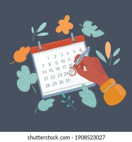 Cartoon vector illustration of hand with pen point on data calendar note book. Objects on dark