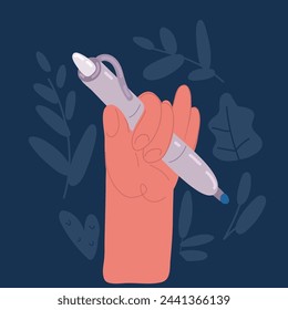 Cartoon vector illustration of Hand with pencil pen over dark background
