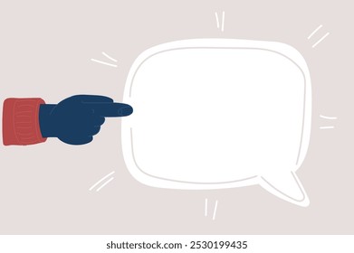 Cartoon vector illustration of hand point with forefinger to speech buble with copyspace.