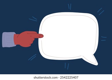 Cartoon vector illustration of hand point with forefinger to speech buble with copyspace over dark background