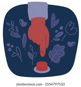 Cartoon vector illustration of Hand pressing red button over dark backround