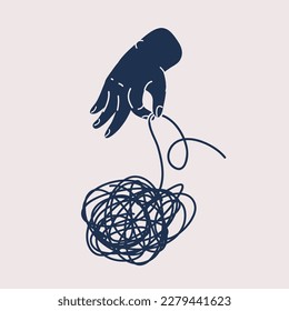 Cartoon vector illustration of illustration of a hand pull a tangled thread. Black and white image