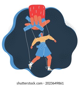 Dibujo vectorial de dibujos animados de la marioneta de mano. El control de las mujeres por el gran jefe mano en el fondo oscuro.