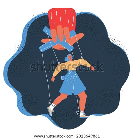 Cartoon vector illustration of Hand puppet. Woman control by big boss hand on dark background.