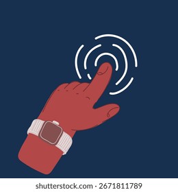 Cartoon vector illustration of hand pushing at screen over dark background