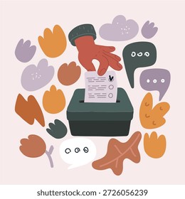 Cartoon, Vektorgrafik der Hand, stellt den Stimmzettel in die Wahlurne. Abstimmungs- und Wahlkonzept. Wählen Sie ein Bild aus.