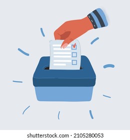 Cartoon vector illustration of Hand putting a voting ballot in a slot of box.