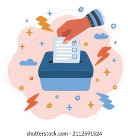 Cartoon vector illustration of Hand putting a voting ballot in a slot of box.