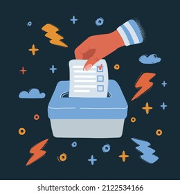 Cartoon vector illustration of Hand putting a voting ballot in a slot of wooden box over dark backround.