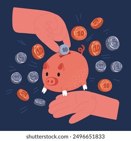 Cartoon vector illustration of hand putting coin into the money box. Happy piggy bank receiving a coin, Savings concept over dark background