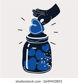 Ilustração vetorial de desenho animado da mão colocando o coração no vidro. Conceito de caridade e doação.