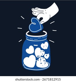 Ilustração vetorial de desenho animado de mão colocando corações vermelhos em vidro jar. Conceito de caridade e doação sobre fundo escuro
