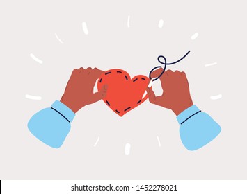 Cartoon vector illustration of Hand with sewing needle working at fabric heart on white background.