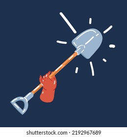 Cartoon vector illustration of hand with shovel over dark backround