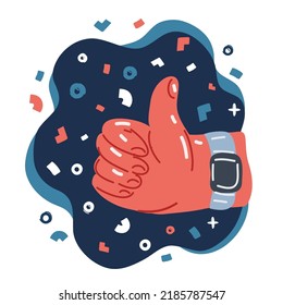 Cartoon vector illustration of hand showing thumbs up sign over dark backround