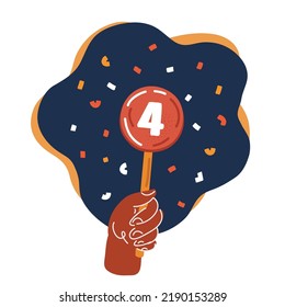 Cartoon vector illustration of Hand showing number four gesture over dark backround