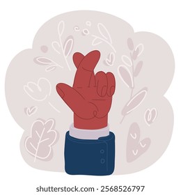 Cartoon vector illustration of Hand showing fingers crossed. Hand gesture mean Lie or luck, superstition symbol