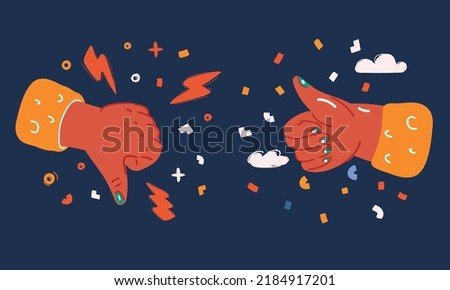 Cartoon vector illustration of Hand showing disagree and agreement with thumbs up and thumbs down over dark backround
