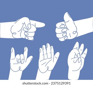 Cartoon vector illustration of Hand shows different gestures signs. Point finger, rock gesture, fingers crossed, ok, five and thumb up over blue background