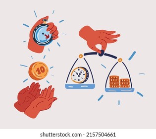 Cartoon vector illustration of hand with stopwatch, Coin and scale with clock and money. Time and money concept set.