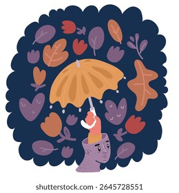 Ilustración vectorial de dibujos animados de mano con paraguas elegante sobre fondo oscuro