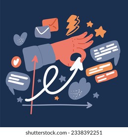Ilustración vectorial de dibujos animados del gráfico de soporte manual. Futuro, elección, ingresos, negocios, logro, gráfico, diagrama sobre oscuro