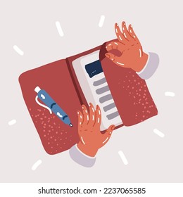 Cartoon vector illustration of hand takes out a document sheet from folder. Office supply. Isolated on white workspace accessory.