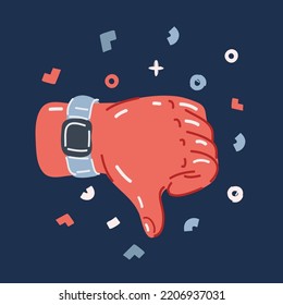 Cartoon vector illustration of Hand thumb down on dark background. Rejection symbol over dark backround