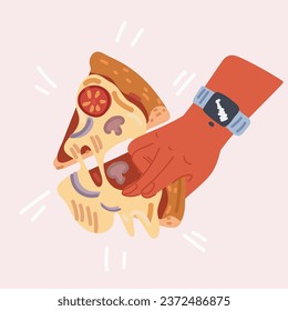 Cartoon vector illustration of Hand with triangle pizza slice. Fingers holding Italian fast food piece, snack with pepperoni sausage, cheese