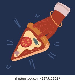 Cartoon vector illustration of Hand with triangle pizza slice. Fingers holding, taking Italian fast food piece, snack with pepperoni sausage, cheese, olives and crust over dark backround