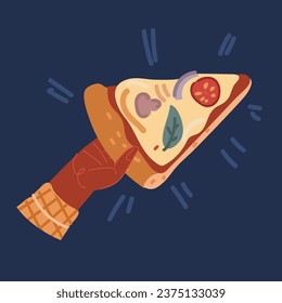 Cartoon vector illustration of Hand with triangle pizza slice. Fingers holding, taking Italian fast food piece, snack with pepperoni sausage, cheese, olives and crust over dark backround